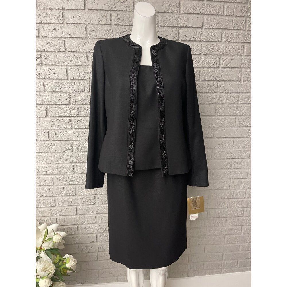 Kasper Women Black Beaded 3 Piece Skirt Suit Set Size 4 NWT